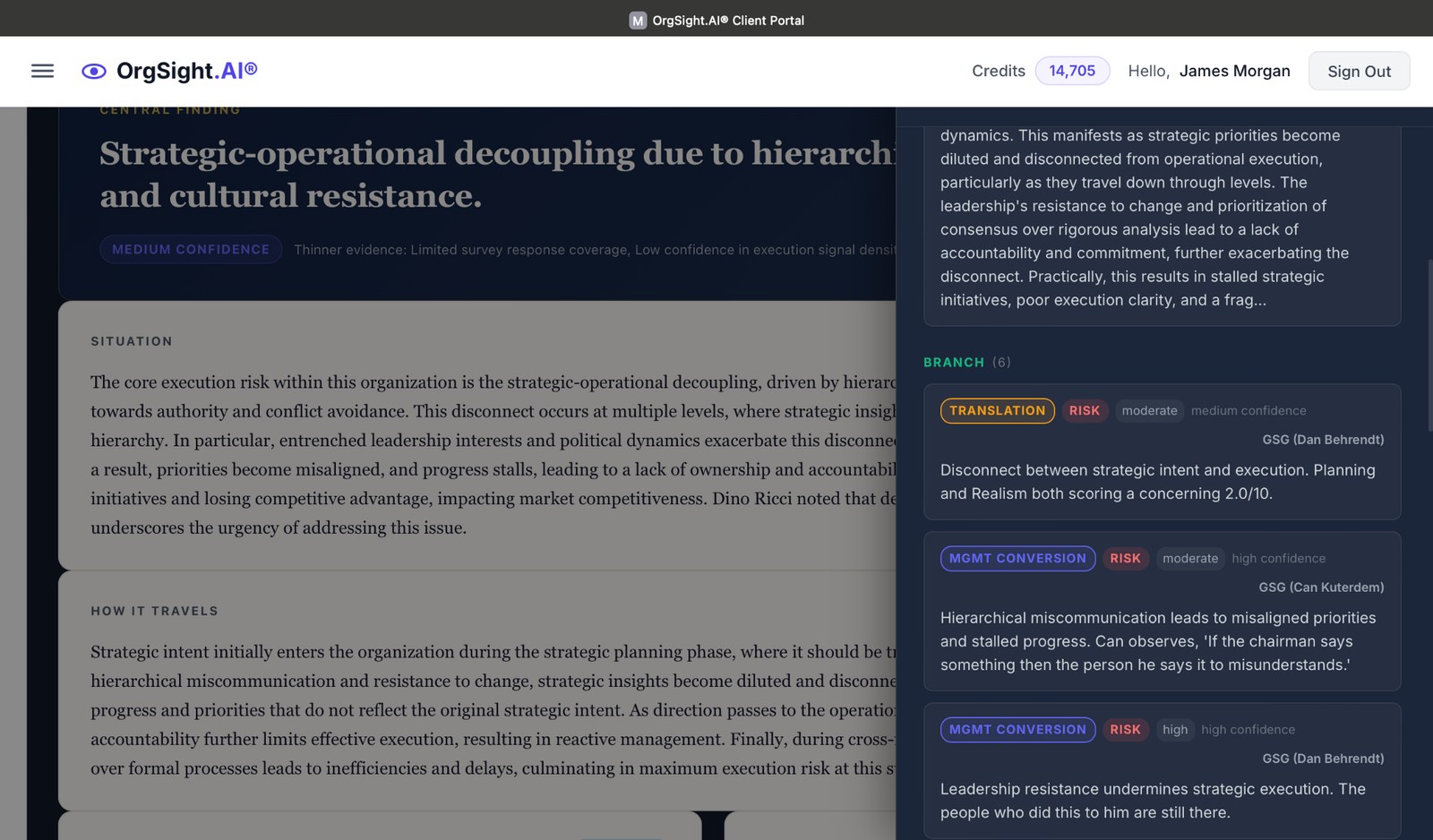 OrgSight executive summary with evidence rail
